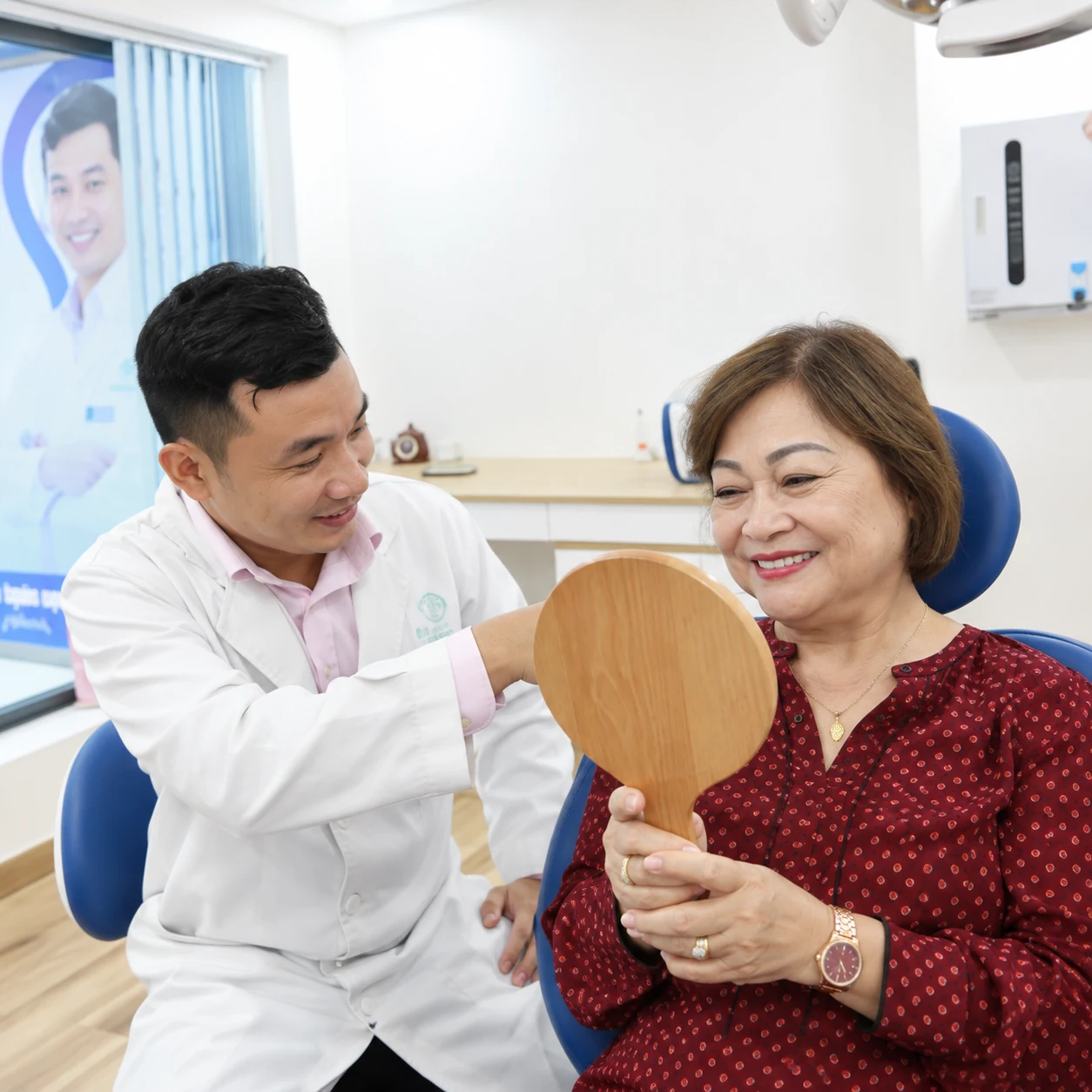 Bác sĩ cùng bệnh nhân kiểm tra và chứng thực kết quả phục hình